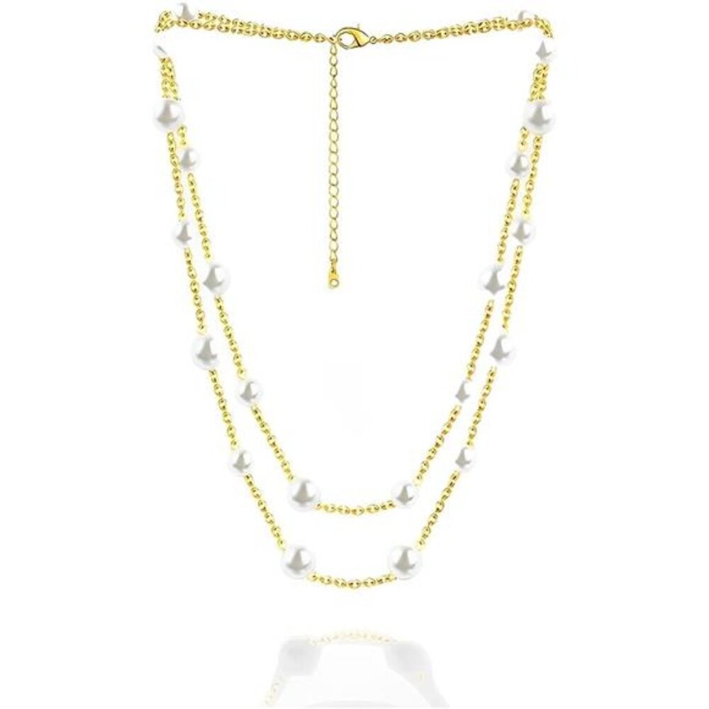 Trendy Double Layered Pearl Choker Necklace - Chunky 18K Gold Plated Layered